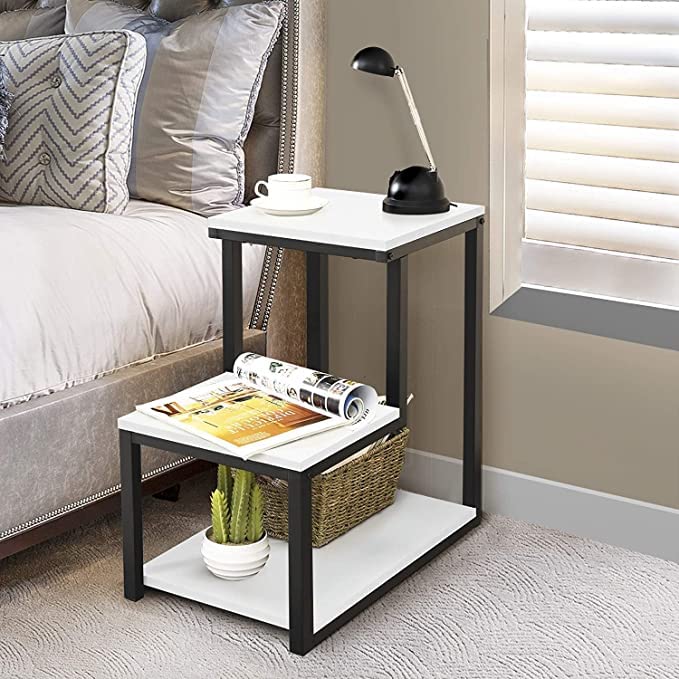Image of 3-Tier Sofa Side Table, Nightstand with Storage Shelf, Sturdy Metal Frame, Ladder-Shaped Chair Side Table, Tabletop Storage Shelf for Living Room or Bedroom