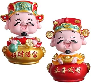 Cabilock 2pcs God of Wealth Figurine Shaking Head Buddha Desktop Swing Cai Shen Statues Car Dashboard Bobbleheads Doll for Home Office Car Decorations
