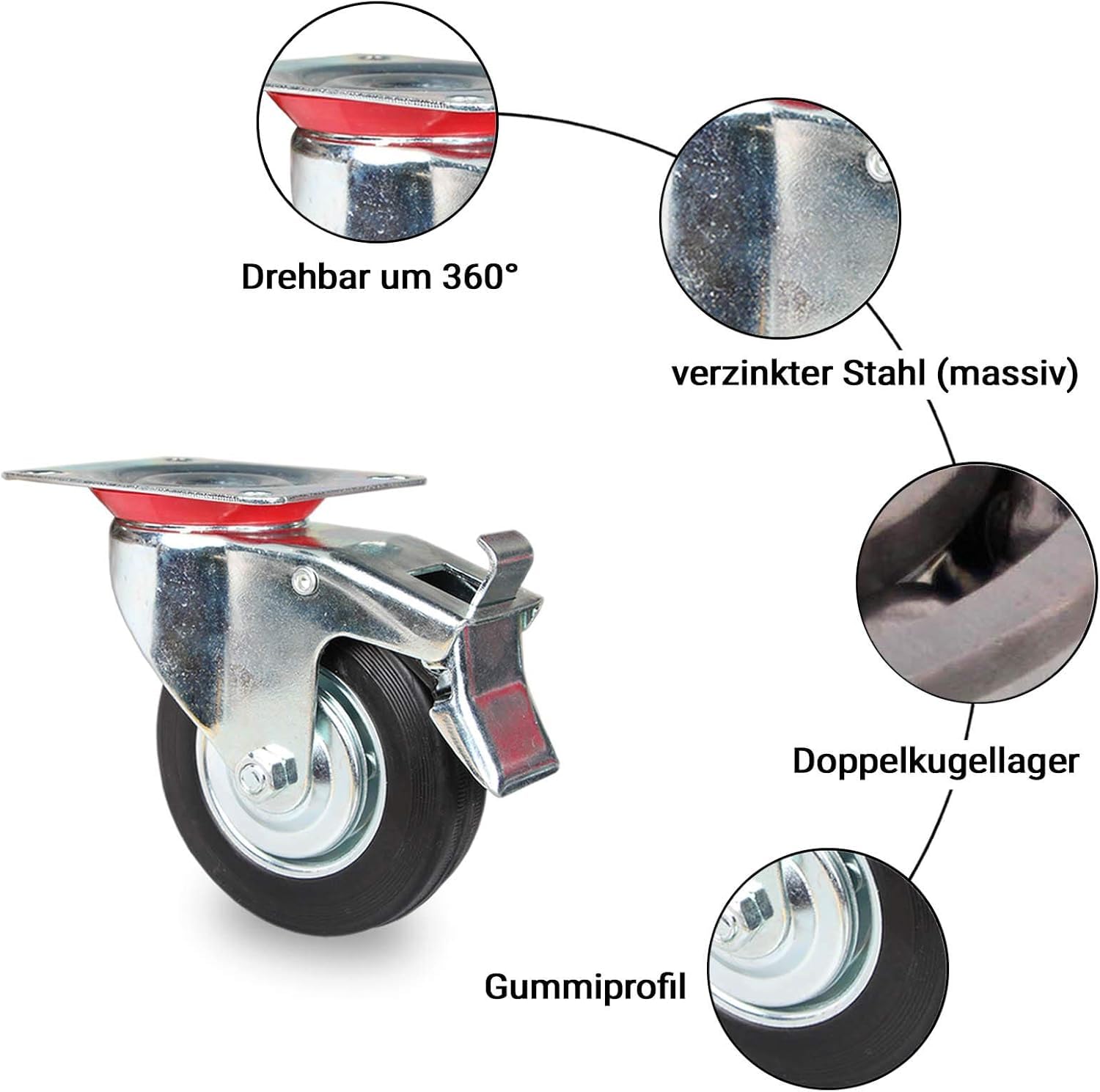PRIOstahl Transportrollen 125mm 4er Set - Lenkrollen Bockrollen mit Bremse Schwerlastrollen - Möbelrollen Vollgummi schwarz Werkstattrollen
