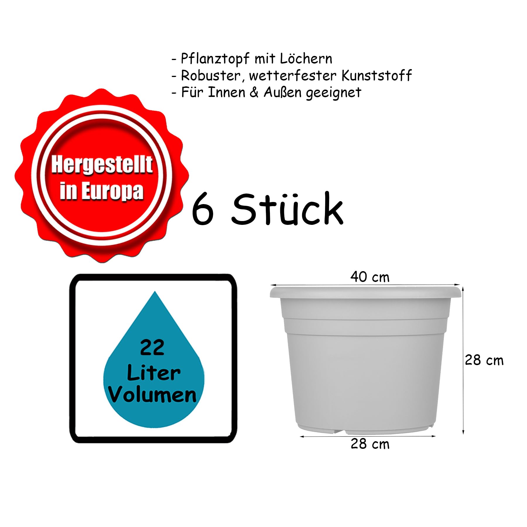 BigDean 6X Blumentopf Ø 40 cm Anthrazit Kunststoff Pflanztopf 40 x 28 cm