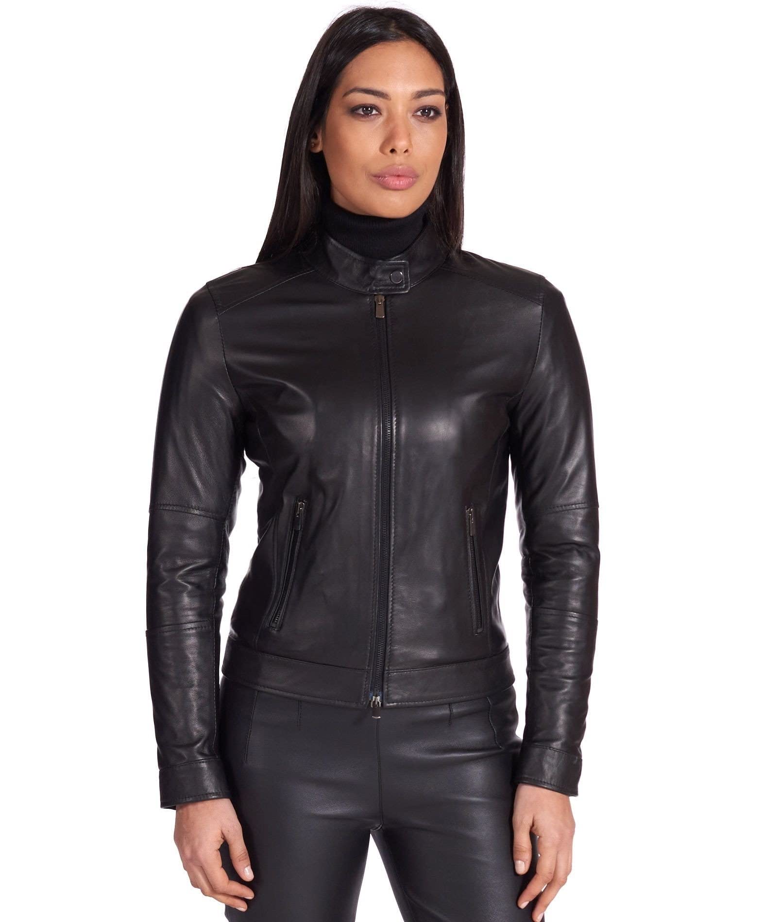 D'Arienzo Giacca Pelle Donna Nera Giubbotto Moto Primaverile Biker Made in Italy Linda Nero/​S