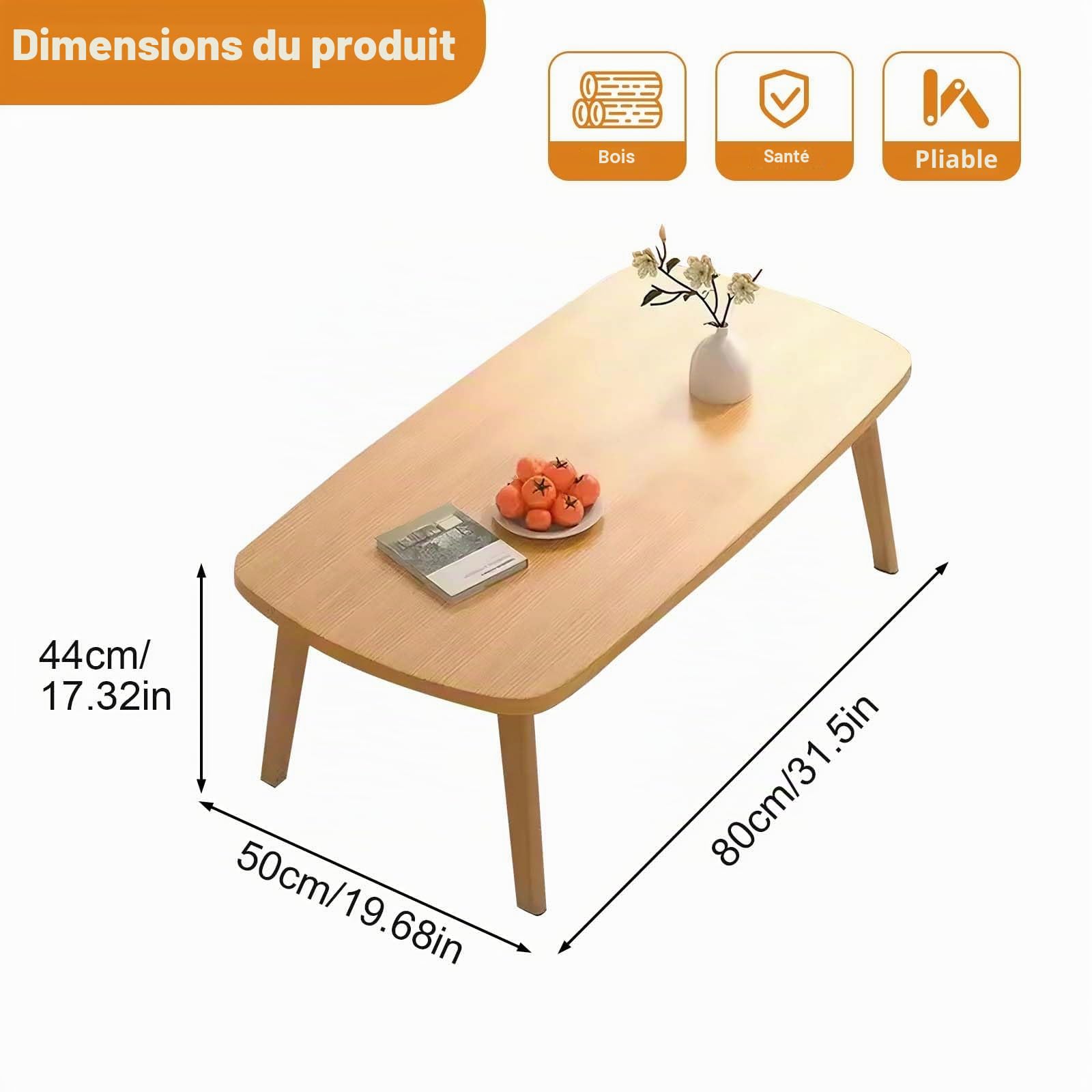 Table Basse Pliante, Table avec Pieds Pliables pour Petit Espace, Table Basse en Bois pour Salon, Chambre à Coucher, Bureau, 80 x 50 x 44 cm - Grain du Bois