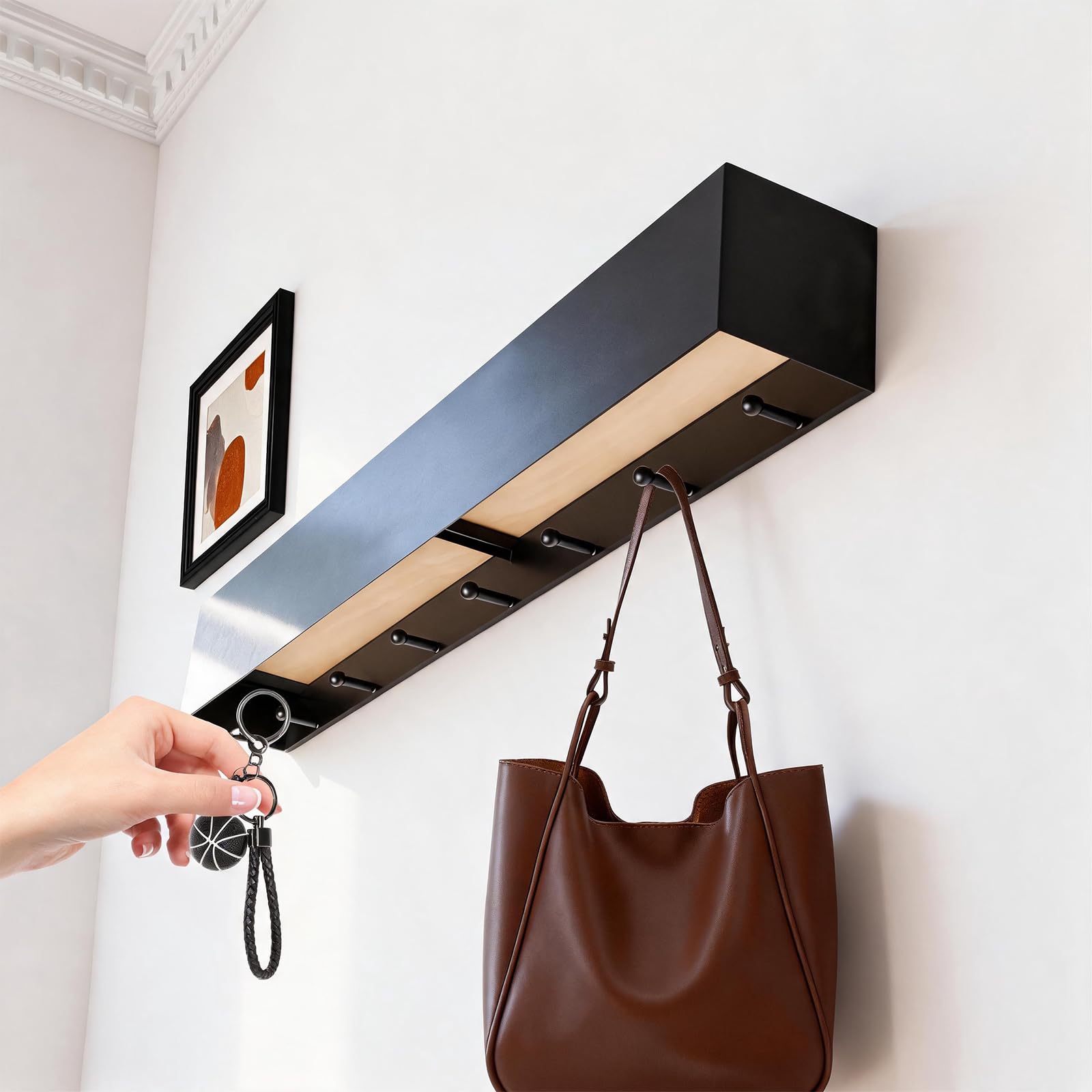 Garderobe Wand 60 cm, Schwarzer Wandhaken Garderobe, Wandgarderobe mit Ablage mit 7 Versteckten Haken, Schlicht und Passend für Verschiedene Einrichtungsstile, für Schlafzimmer, Wohnzimmer