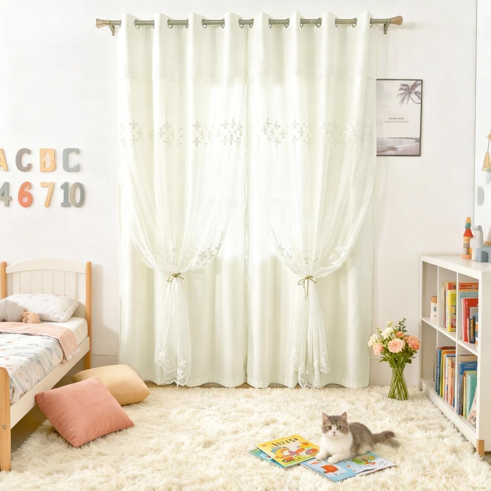 Amidoudou 1 Pair Double Layer Curtains with Valances for Living Room Flower Shaped Embroidered Curtains for Bedroom (Beige,54x84 Inch)