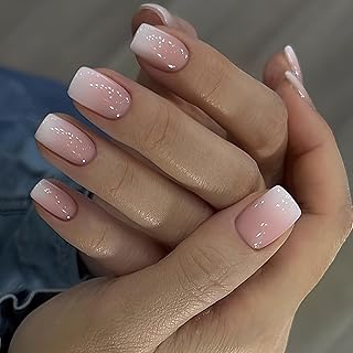 Pink White Gradient Press on Nails Short Square Ombre Fake Nail with Design for Women Acrylic False Nails Glue Stick on Nails Press on Nail for Wedding 24Pcs