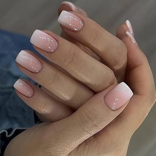 Pink White Gradient Press on Nails Short Square Ombre Fake