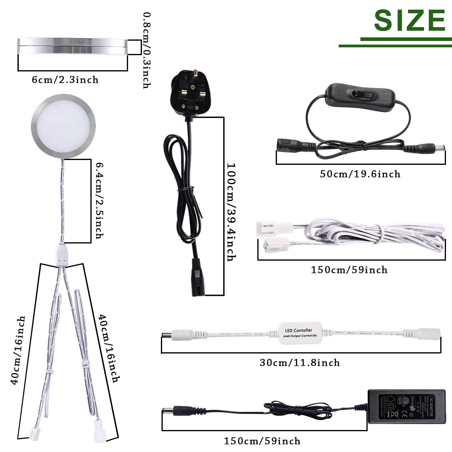 AIBOO Illuminazione a LED collegabile sotto il gabinetto da 12 V, dimmerabile con telecomando RF wireless, cablata e presa a muro per illuminazione display (6 luci bianche diurne)