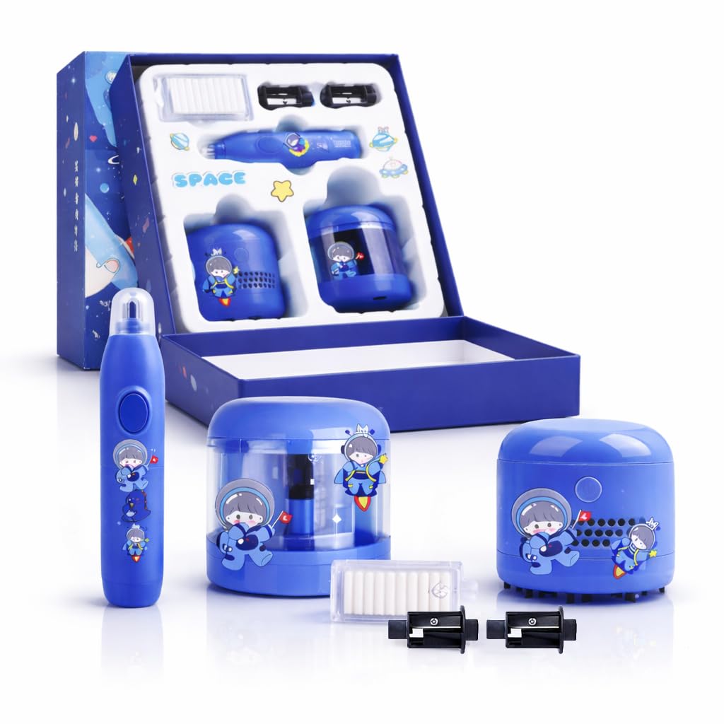Magicwand Battery Operated Pencil Sharpener,Electric Eraser,Vacuum Cleaner Stationery Set with 10 Eraser Refills for Kids,Adults for Home Office School【Dark Blue】-image-46