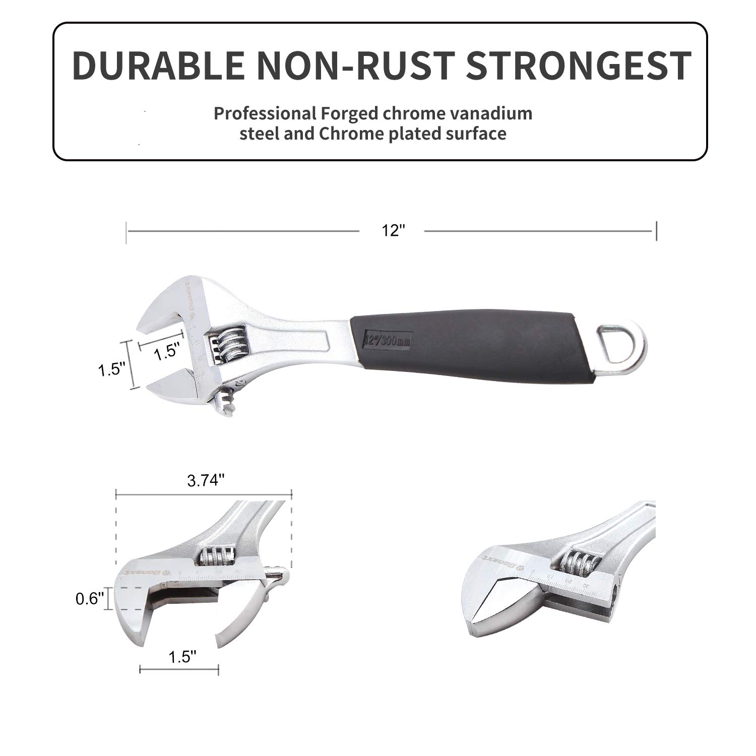 Llave de mano ajustable (12 pulgadas, herramienta profesional, mango de goma, acero CR-V, llave creciente, Herramientas Bricolaje