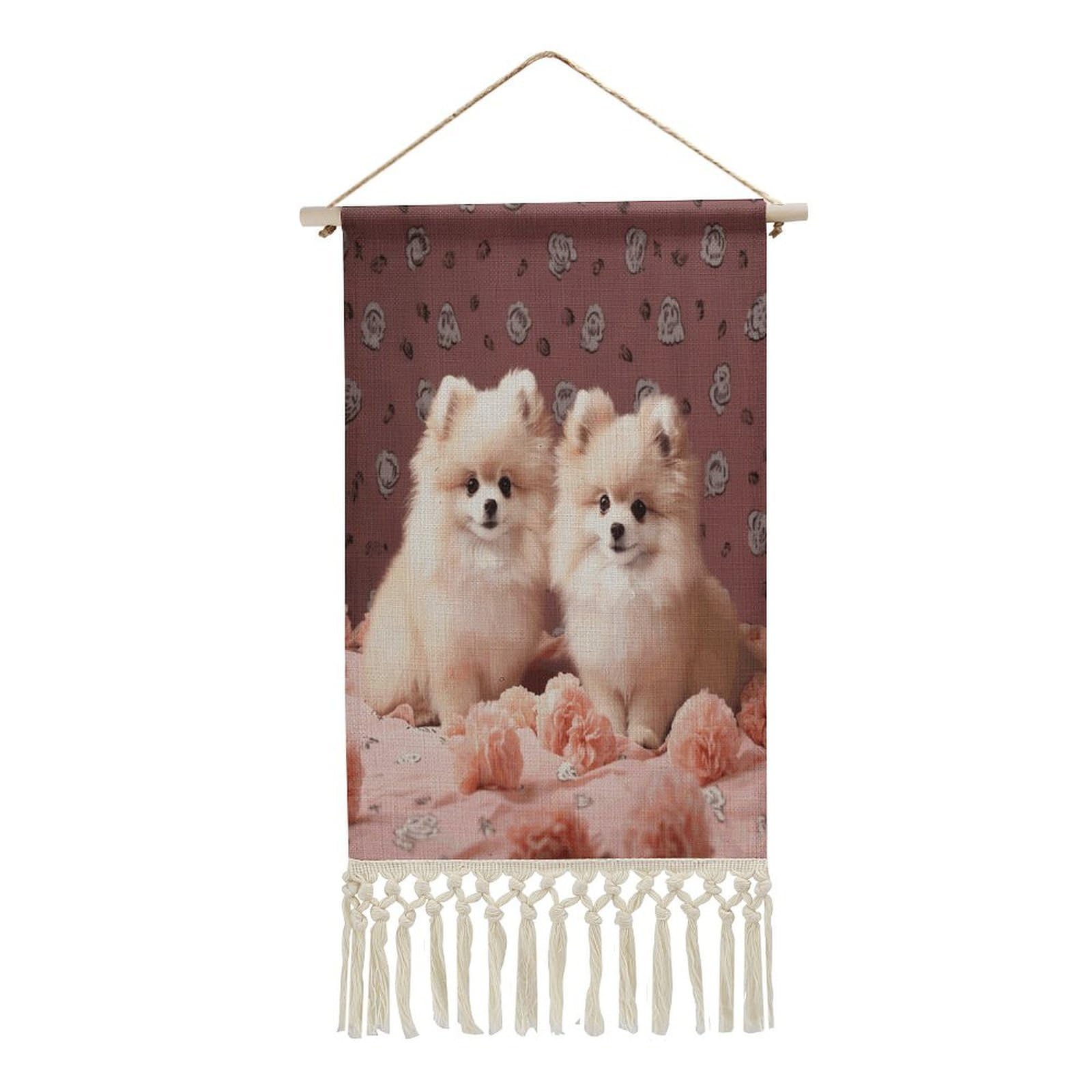 VstaDank Pomeranians Puppies And Point Wall Art Decor with Tassels 20"x10" Cotton Linen Hanging Tapestry Decor Wall Art Prints Wood Frame Boho Wall Art Poster for Bedroom Living Room Office