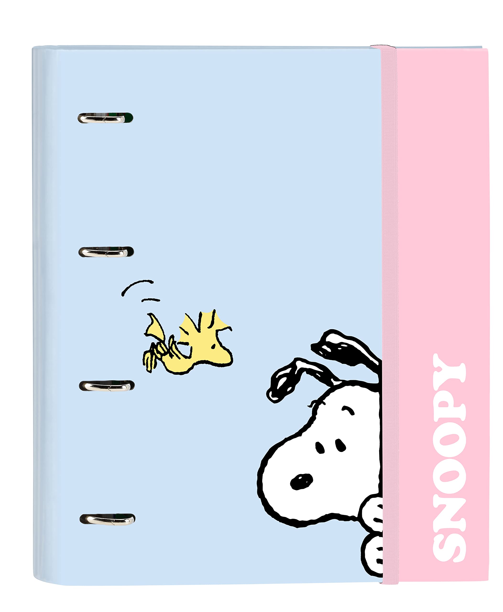 SNOOPY Imagine - Carpeta 4 Anillas de 35 cm con 100 Hojas A4, Ideal para Niños de Diferentes Edades, Cómoda y Versátil, Calidad y Resistencia, 27x3.5x32 cm, Color Azul pastel