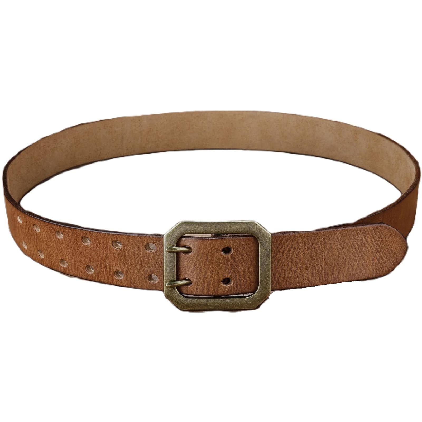 AGUTALITHIC Mens Double Prong Leather Casual Jeans Belt,Heavy Duty Double Pin Bronze Buckle Strap for Business and Daily Wear(120cm/47, Brown)