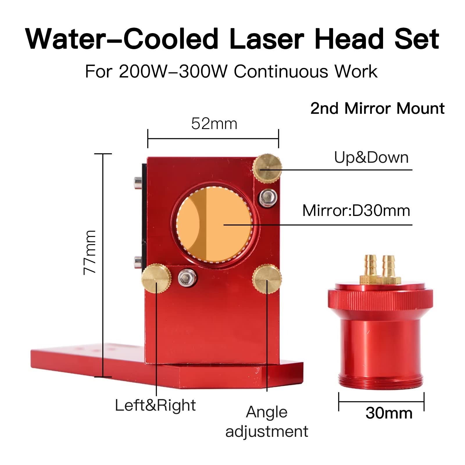 Rosso Set di Testine Laser CO2 Raffreddate ad Acqua Con 1 PZ Lente di Messa A Fuoco Dia.25mm FL50.8mm e 3 PZ Cu/Specchio di Rame Dia.30mm per Laser Engraver Cutter Macchina