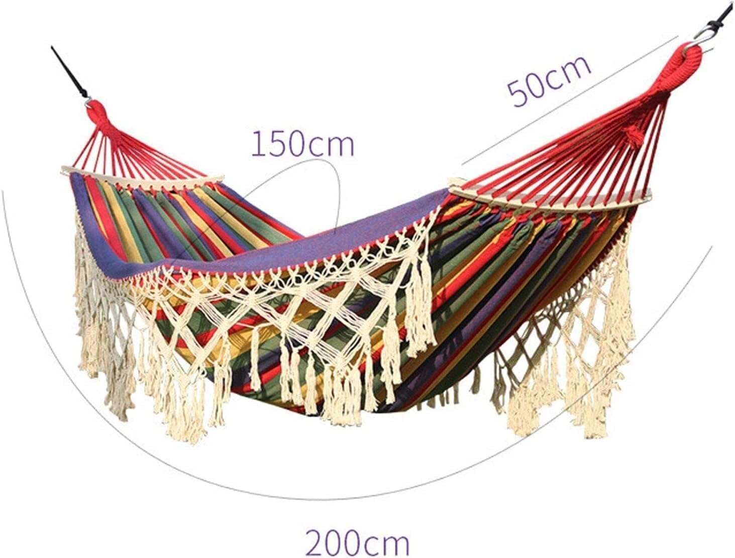 Hamac en toile avec barre d'épandage en bois, style bohème à franges pour intérieur et extérieur
