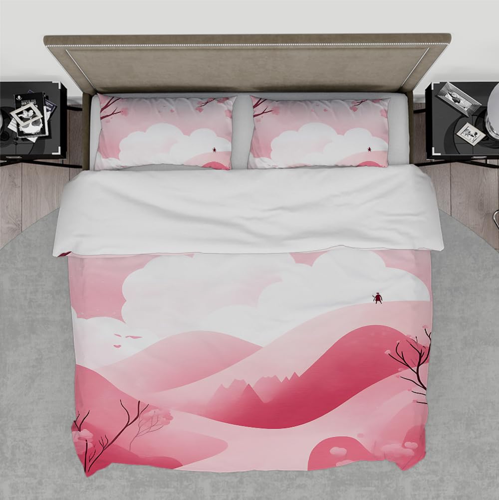Couvre-couette rose et paysage de montagnes pour créer un cocon douillet dans une chambre de fille