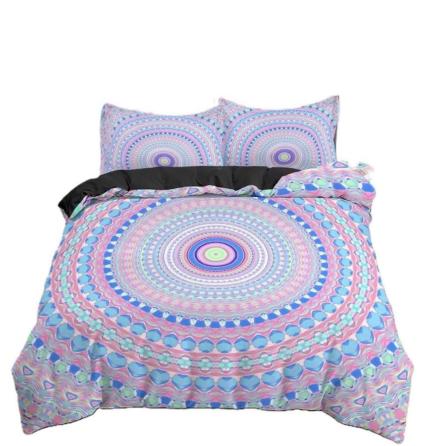 Parure housse de couette ethnique Mandala multicolore 3 pièces pour lit 2 personnes