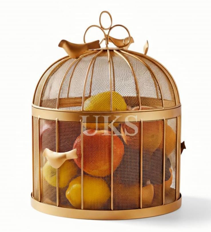 Image of U.K.S Modern Metal Fruit Basket with Mesh Lid Storage for Fruits & Vegetables | Round, Durable, and Stylish Design (GOLD)