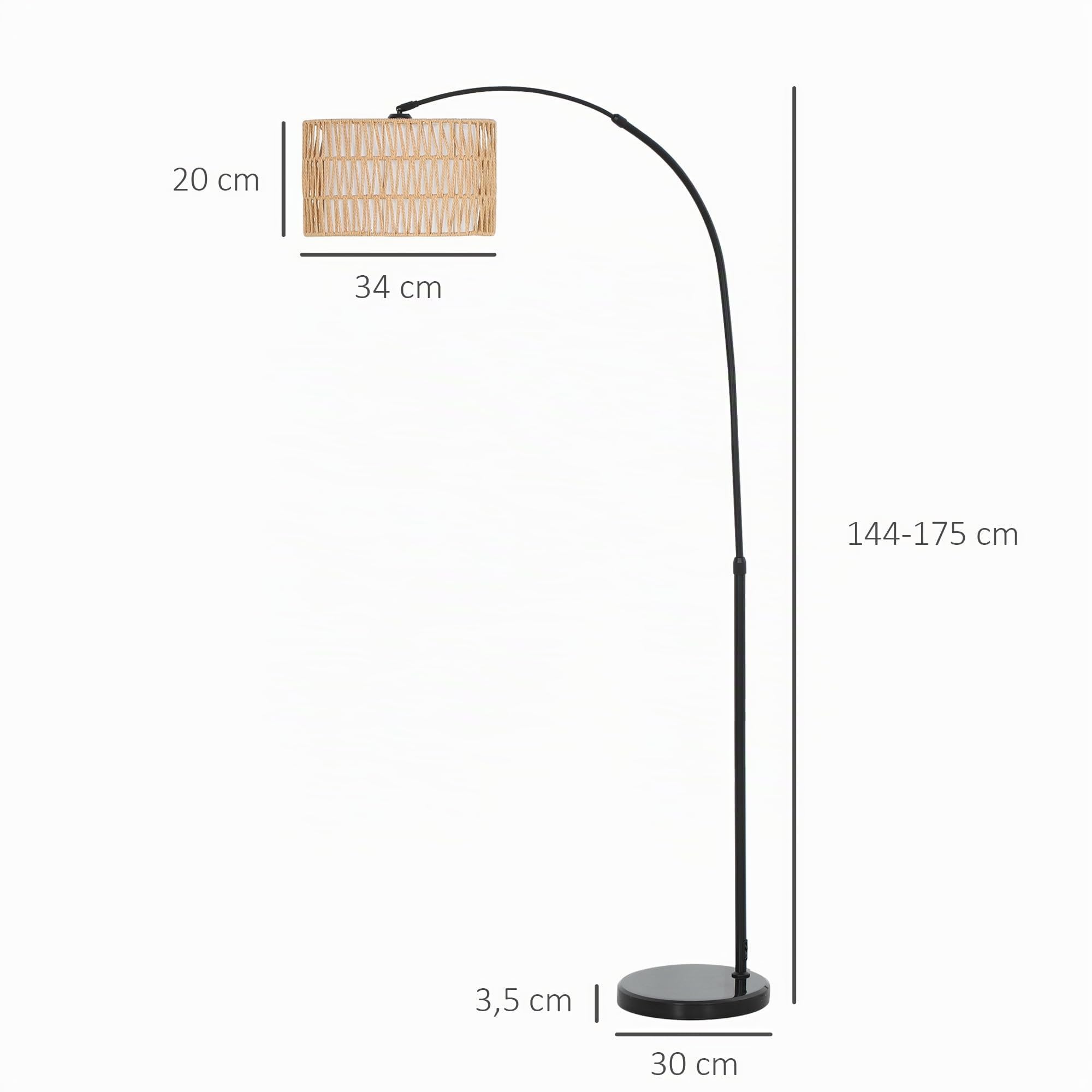 HOMCOM Lámpara de Pie de Arco Salón Altura Ajustable Negro y Marrón | Lámpara de Pie Salón, Pantalla de Yute, Interruptor de Pie, Base de Mármol, para Sala de Estar Oficina Dormitorio