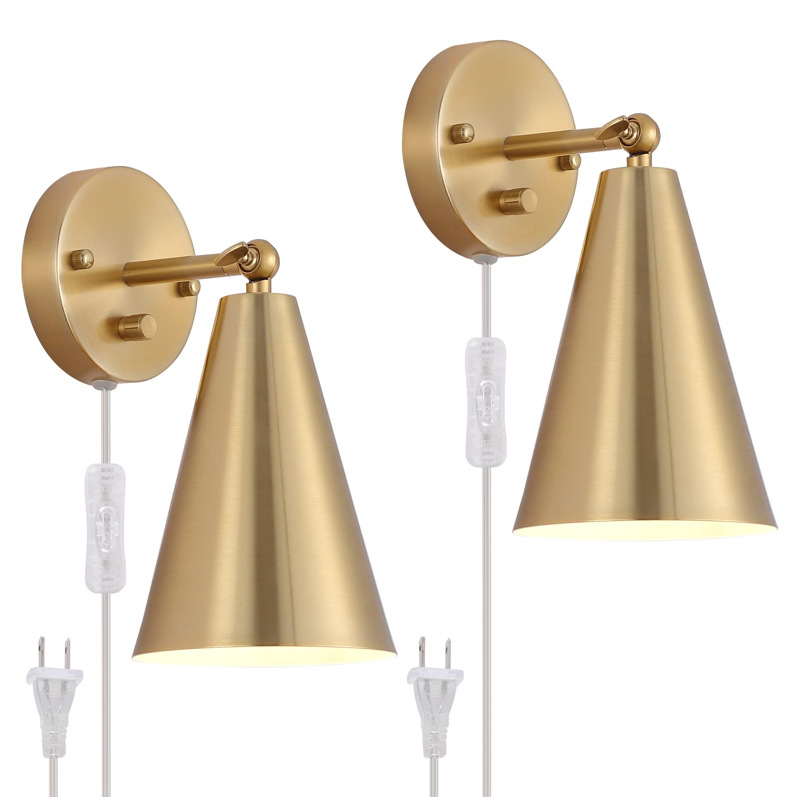 MWZ Gold Wall Sconces Set of Two Plug in,Brass Modern Dimmable Sconces Adjustable Angle Wall Lights with Metal Shade and Dimmer On/Off Rotary Switch, Wall Mounted Light for Bedroom Bedside Stairway