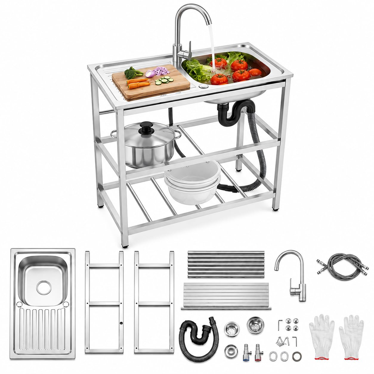 Évier de cuisine en acier inoxydable avec meuble bas et plan de travail, évier extérieur 1 bac, lavabo autoportant avec robinet eau chaude et froide, meuble évier pour extérieur, cuisine