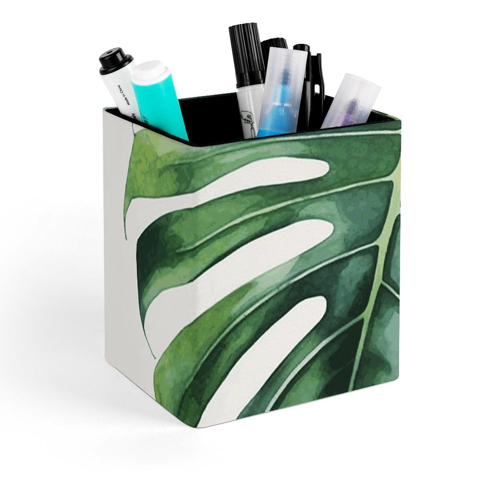 DWVTSLH Aesthetic Pen Holder for Desk - Modern Leather Pencil Holder - Stylish Square Makeup Brush Holder - Watercolor Monstera Leaf Pen Cup Cute And Functional Desk Organizer for Office Supplies