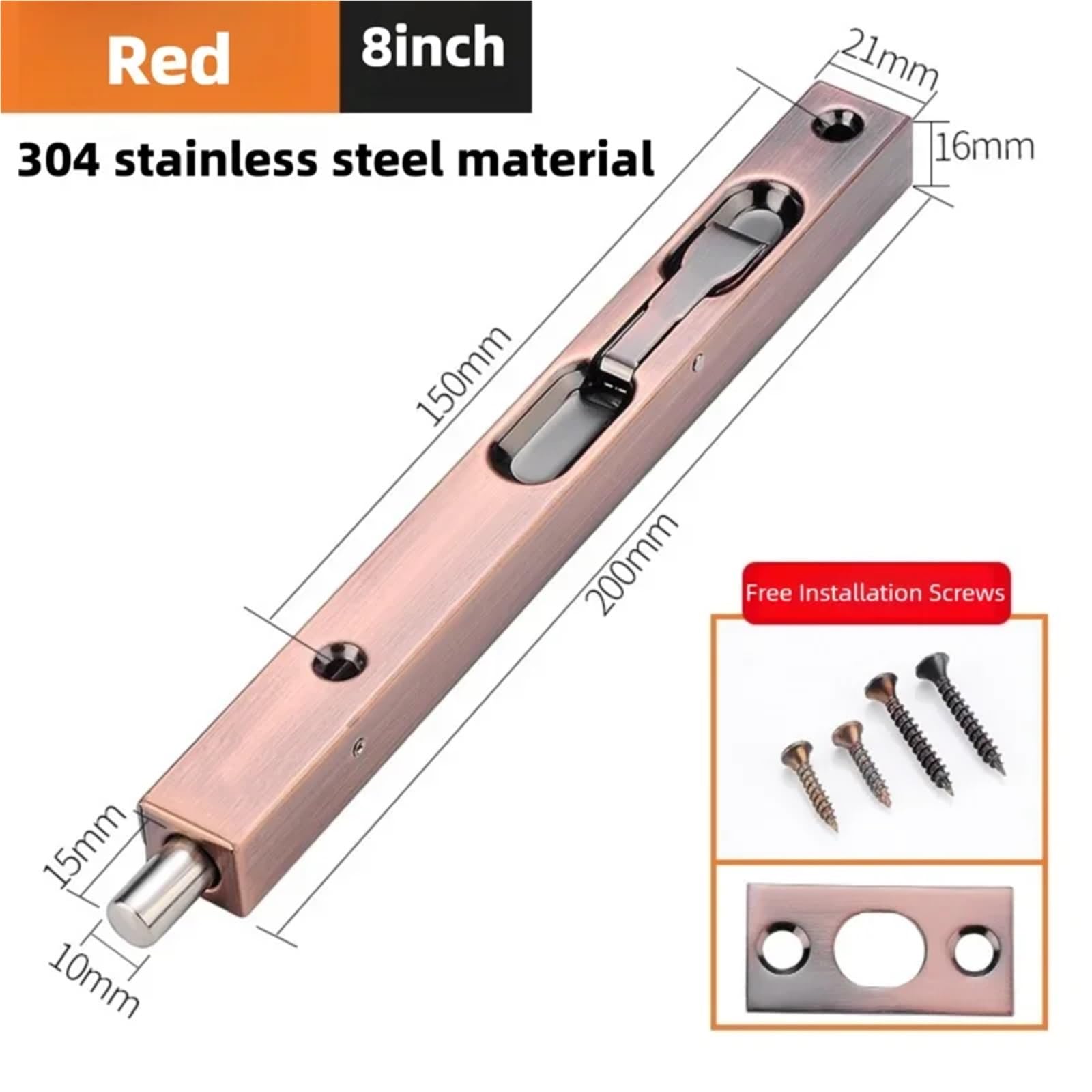 Bulloni a filo per doppia porta, 4 pezzi, in acciaio inossidabile 304, serratura verticale nascosta, per legno, principale, sicurezza e doppia (rosso, 20,3 cm)