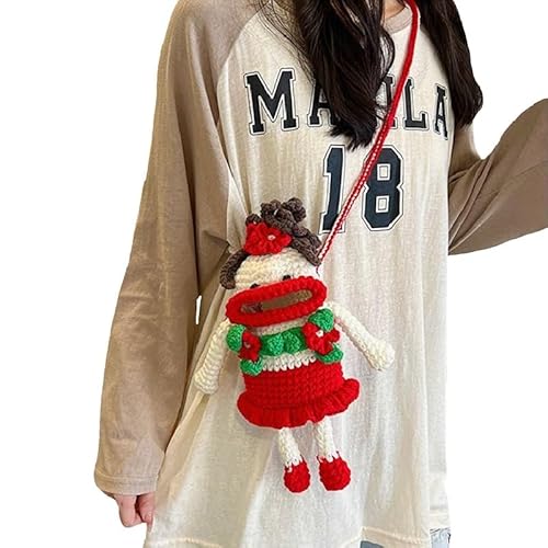 Handmade Crochet Phone Bag, Knitted Sausage Mouth Bag, Ugly Cute Small Bag, Crochet Crossbody Phone Bag, Cross Body Cell Phone Bag Purse (Red)