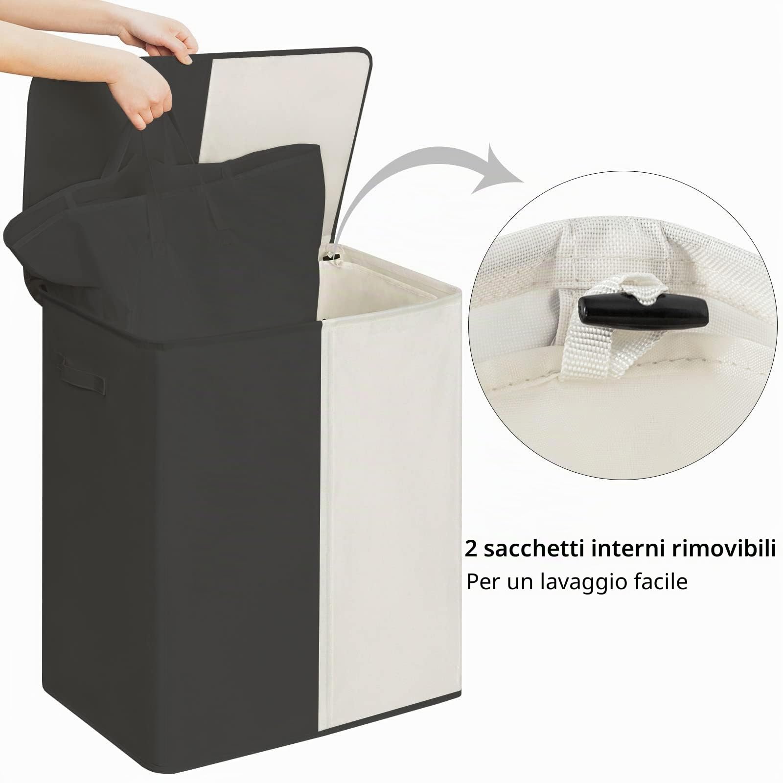 WOWLIVE Cesto portabiancheria doppio da 154 litri con coperchio, grande cesto per la biancheria da letto e sacchetti per la biancheria da letto pieghevole, lavanderia, armadio (nero+beige)