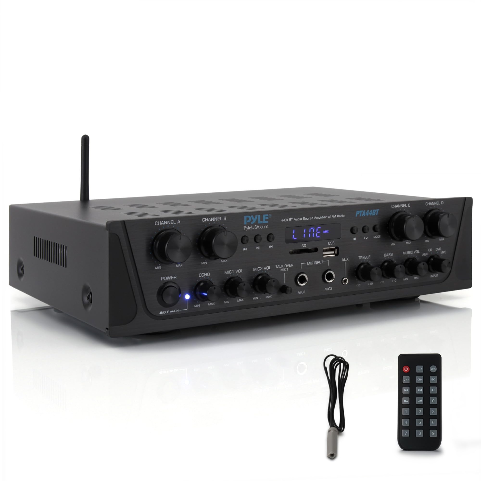 Pyle500W Karaoke Wireless Bluetooth Amplifier - 4 Channel Stereo Audio Receiver with AUX IN, FM Radio, RCA Subwoofer Speaker OUT, USB, Microphone IN with Echo, 500W Peak Power into 4-8 OHMS - PTA44BT