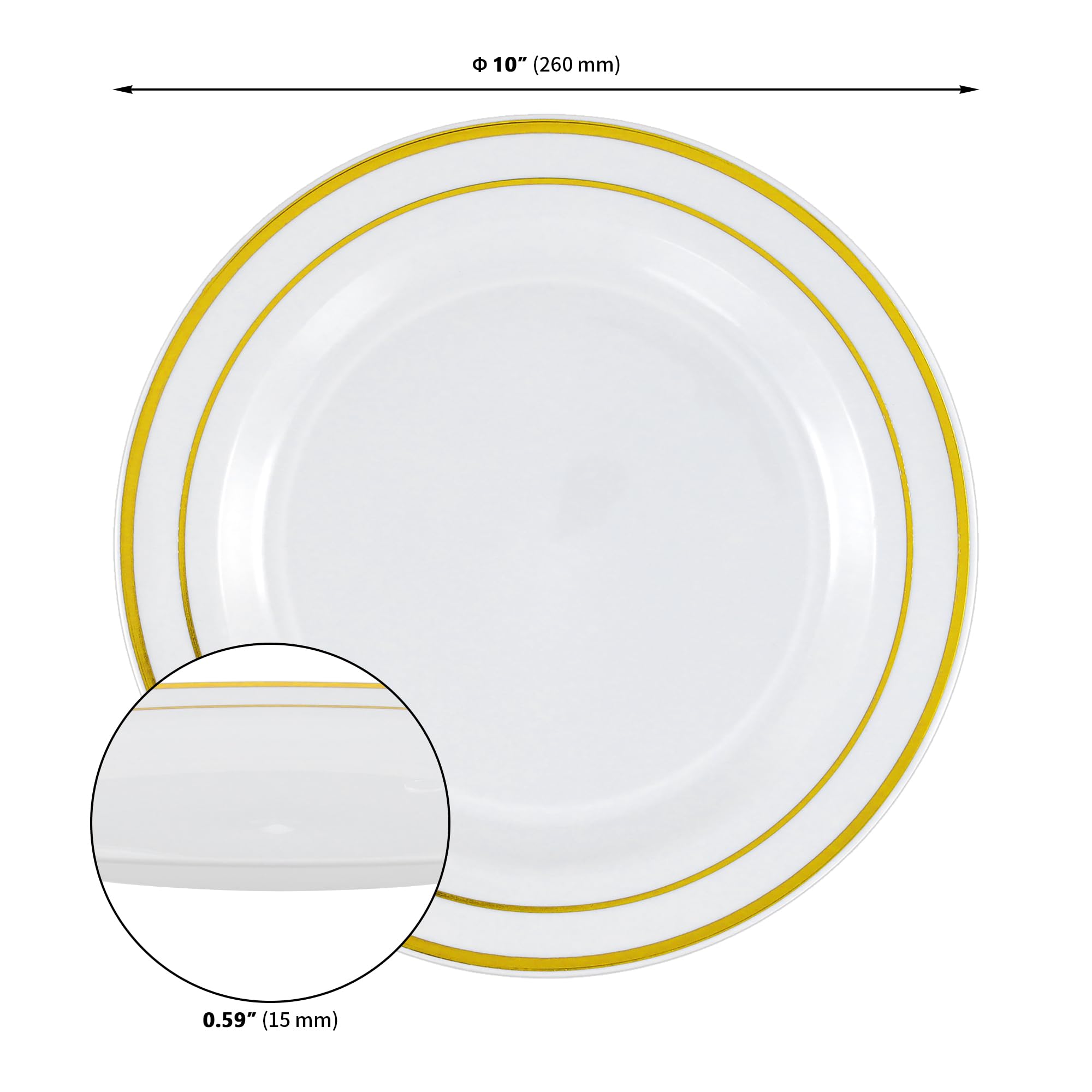Lot de 50 assiettes en plastique blanc avec bord doré, 26 cm, assiettes réutilisables pour mariages, anniversaires et événements