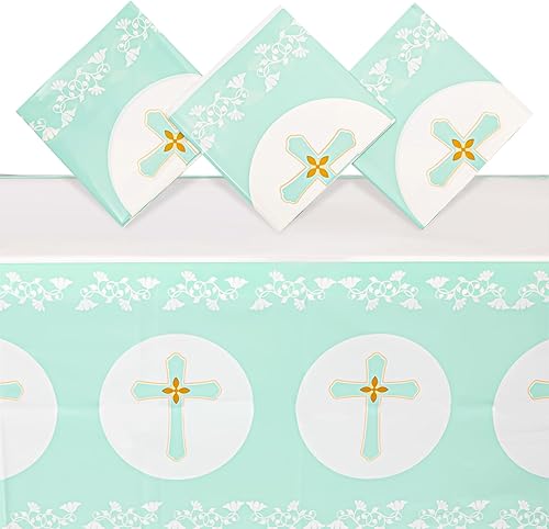 Blue Panda Paquete de 3 manteles desechables de plástico para la primera comunión, 54 x 108 pulgadas, cubierta rectangular de plástico plisada,