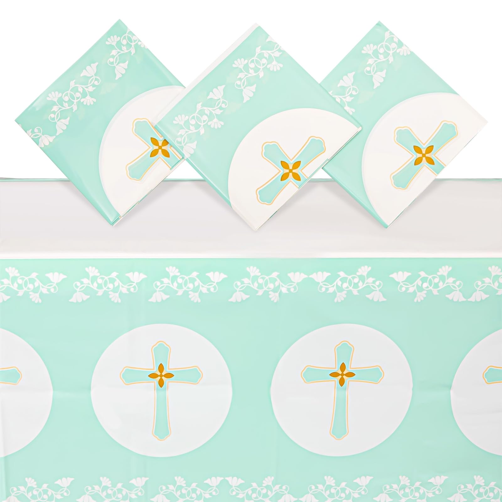 BLUE PANDA 3-Pack Disposable Plastic First Communion Table Cloth - 54 x 108 in White Rectangular Pleated Plastic Cover - Spill Protection &amp; Easy Cleanup - Religious Baptism Decorations