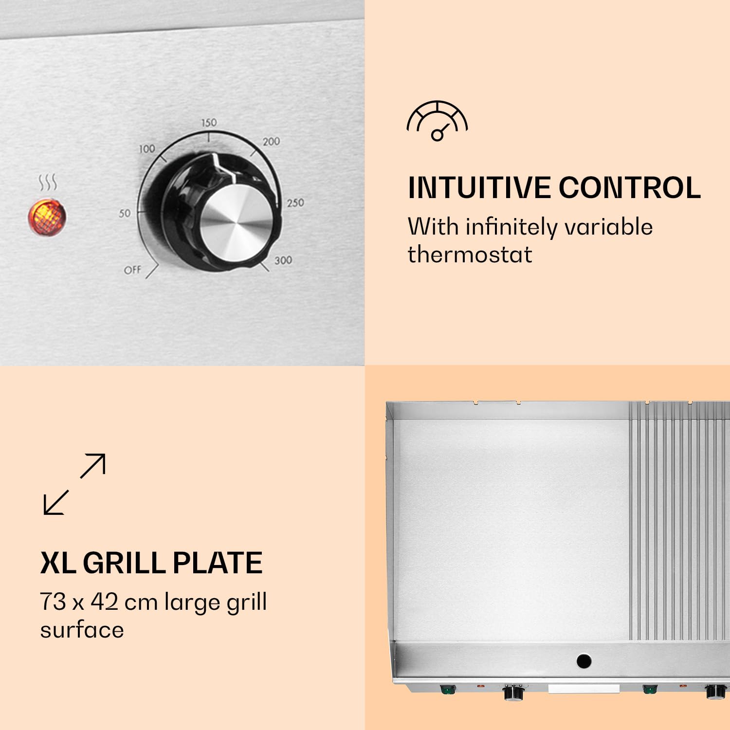 Klarstein Parrilla Eléctrica - Grill de Mesa con Pantalla LED para Balcón e Interior, Acero Inox, Placa Antiadherente Extraíble, Antisalpicaduras, 2 Zonas, 50-300 °C