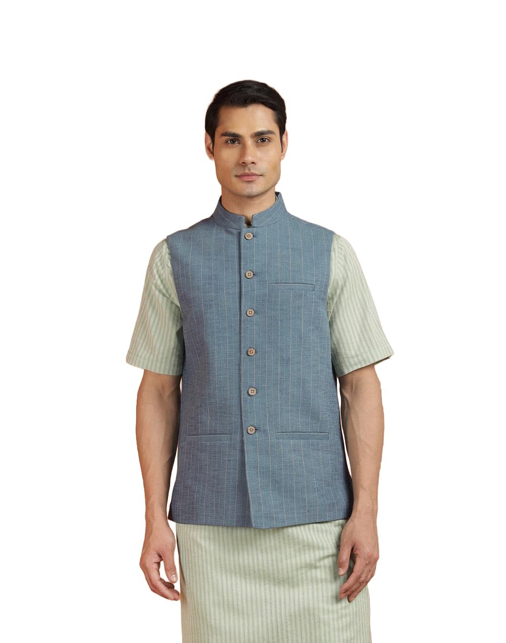 fabindia Blue Cotton Stripe Nehru Jacket-picture-48
