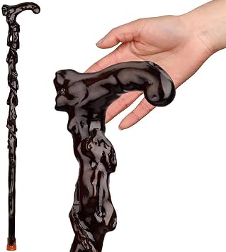 Wood Cane with Supportive Curved Handle, Carving Walking Canes, Handmade Carved Wooden Sticks, Ebony Crutch Stick Gift for Men and Women