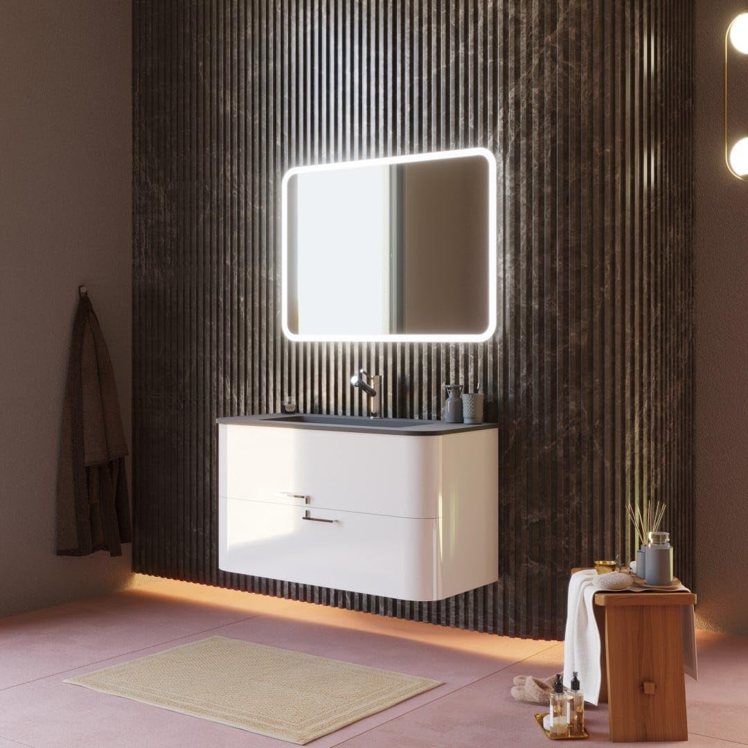 Kiamami Valentina Mobile Bagno Sospeso 100 cm Bianco Lucido Lavabo Nero
