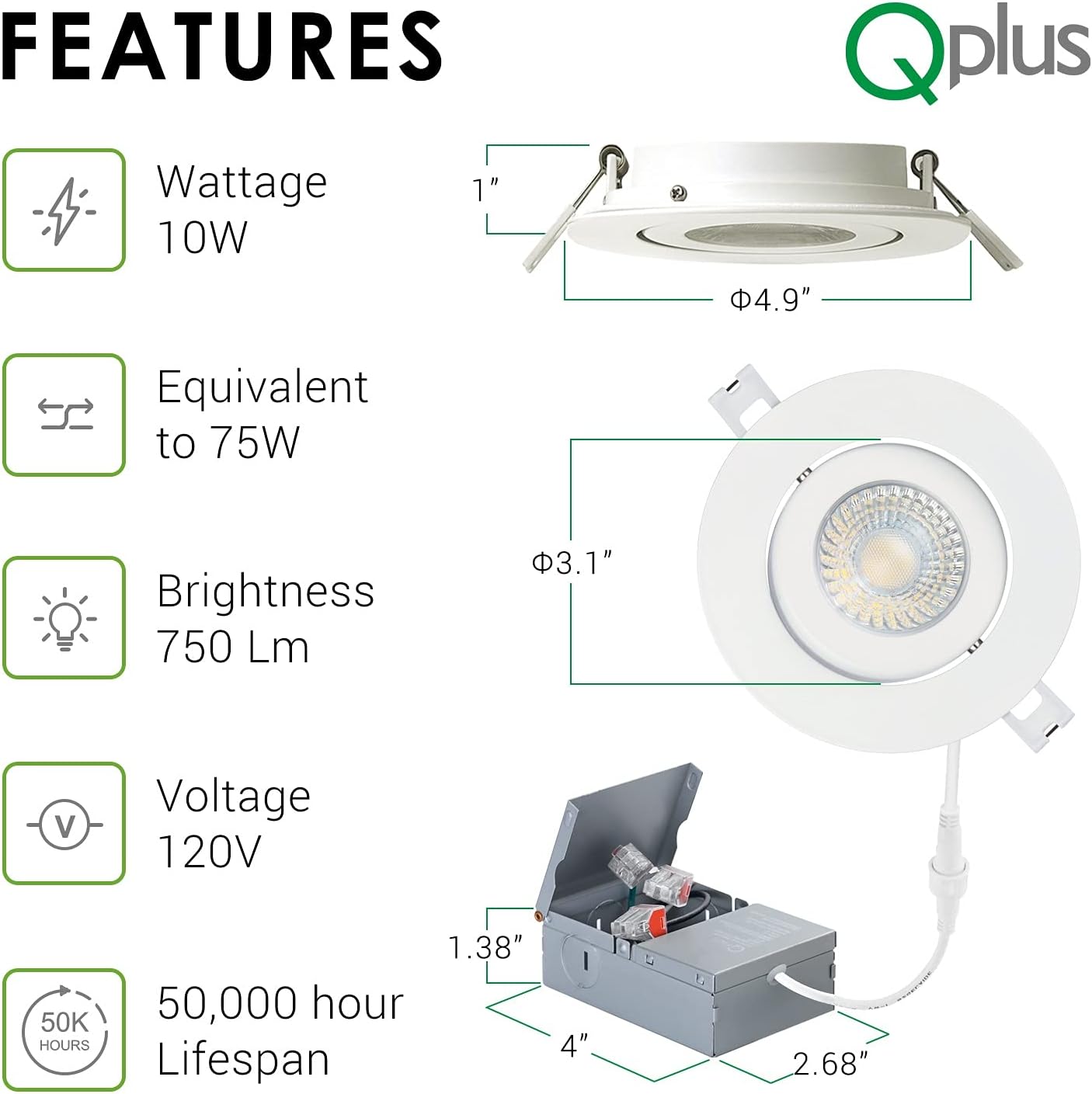 Up To 40% OFF QPLUS 4 Inch Ultra-Thin Adjustable Eyeball Gimbal LED Recessed Lighting with Junction Box/Canless Downlight, 10 Watts, 750lm, Dimmable, Energy Star and ETL Listed (4000K Cool White, 4 Pack)