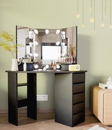 Miniatura 6 de Likein Tocador de maquillaje con estación de carga, tocador blanco de 36 pulgadas con espejo iluminado, escritorio de tocador con espejo y luces,