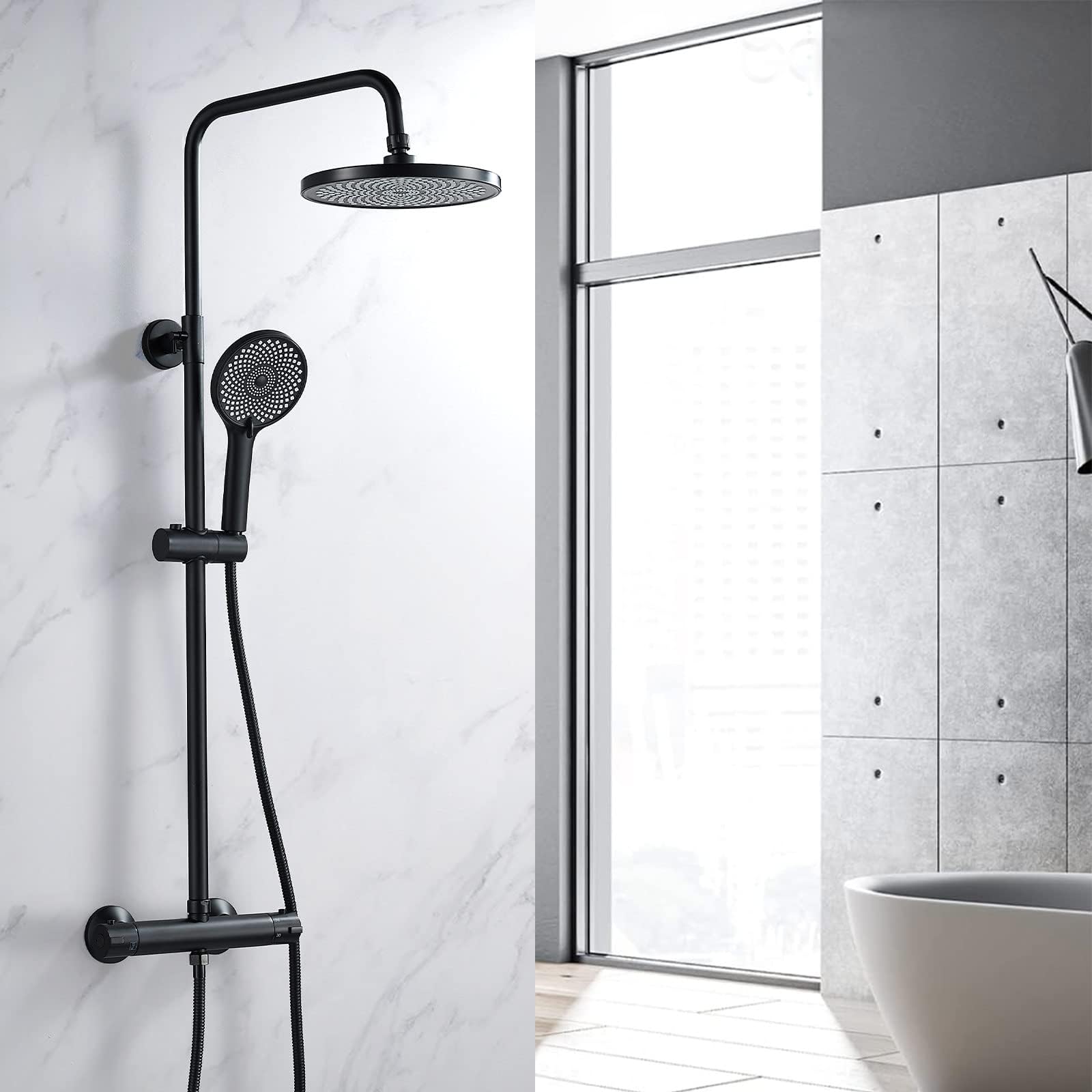 Bathroom Thermostatic Mixer Shower Set Round Matte Black Twin Head Exposed Valve Shower System ...