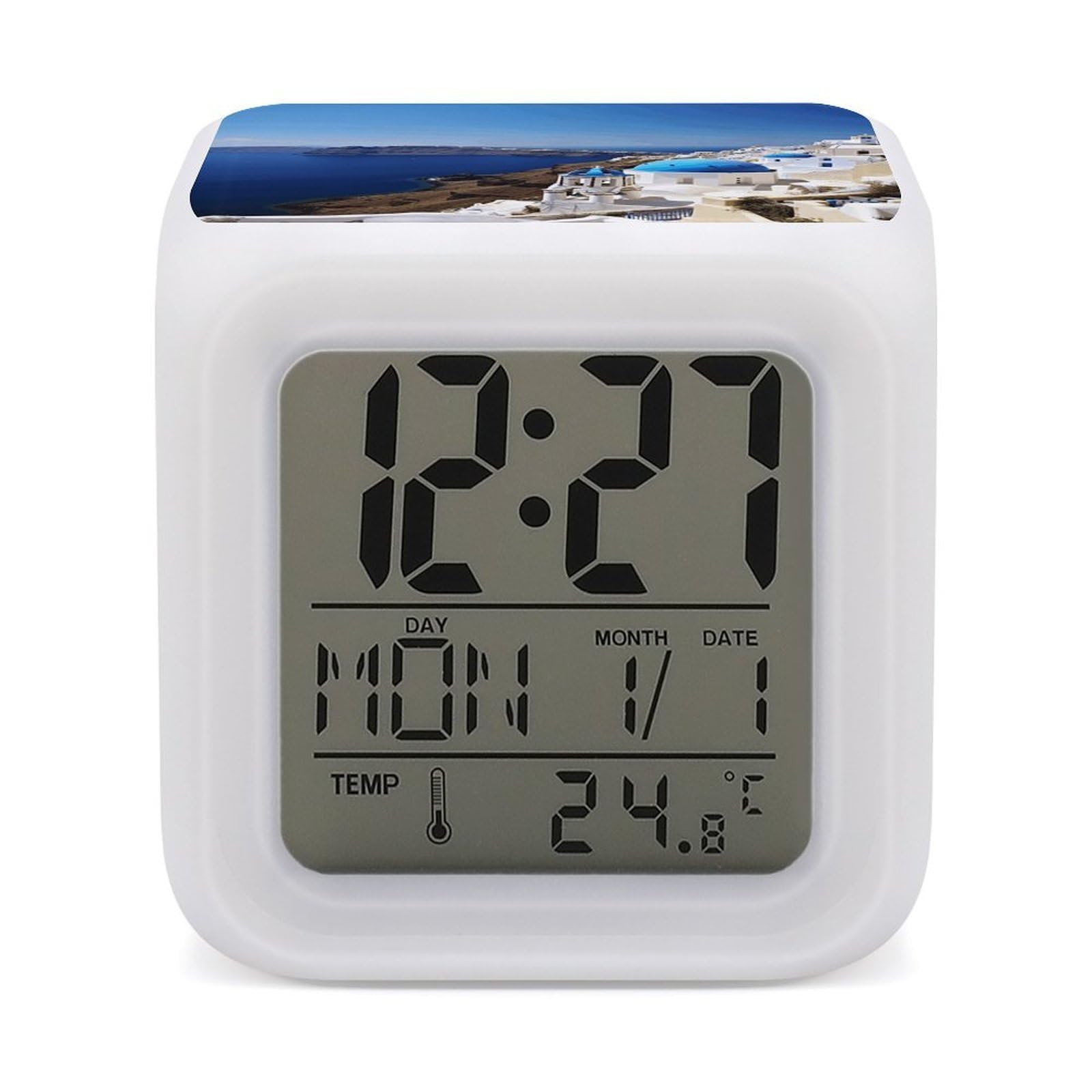 LZQPOEAS Santorini Greek Island Sea View Alarm Clock Desk Clock with 7 Color Changing Night Light Digital Clocks with Temperature Display Sleep Training and Sound Machine for Heavy Sleeper