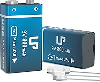 Vista 1 de LP Paquete de baterías recargables de 9V, paquete de 2 unidades, 800mAh de iones de litio, 9 voltios, batería USB con puerto de carga Micro USB