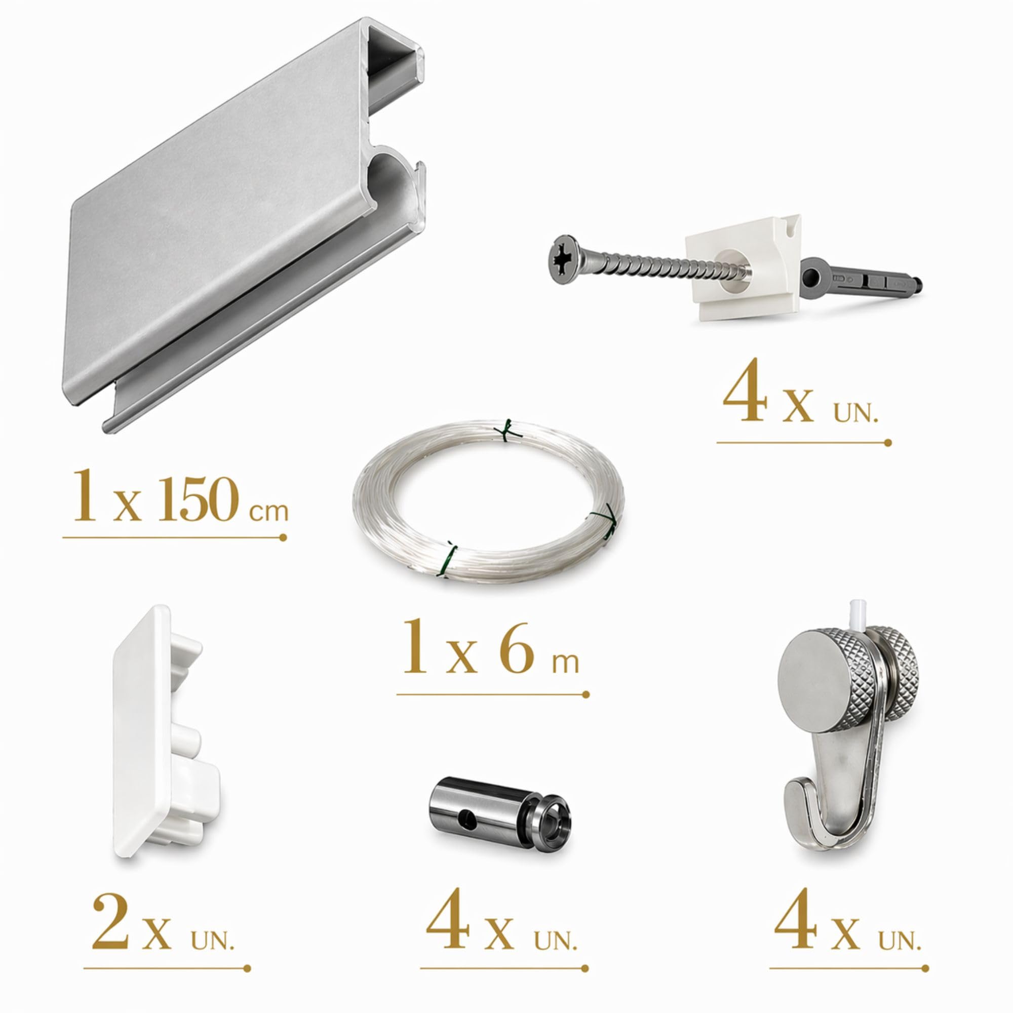 Pack Basic RM de 150cm Guías de Aluminio para Colgar Cuadros (Plata Mate) con 4 colgadores Nylon