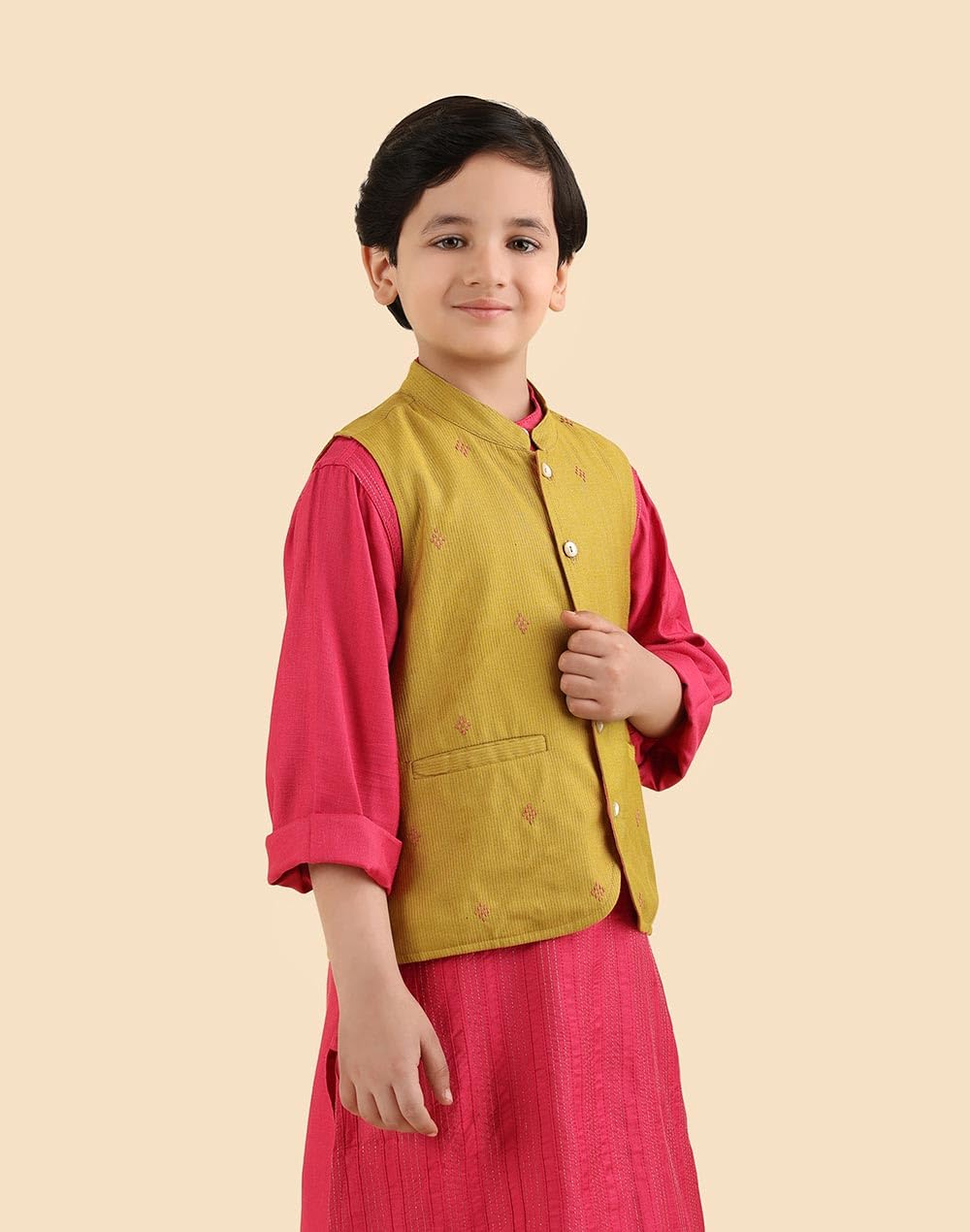 Fabindia Giacca Dobby Nehru in misto viscosa di cotone, verde