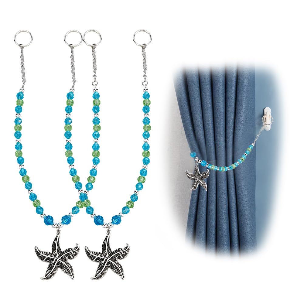 SUPERFINDINGS 2Pcs Glass Curtain Tie Backs Curtain Holders with Alloy Starfish Pendants Ocean Theme Decorative Tie Backs for Home Bedroom Office Drapes Curtain 44.9cm