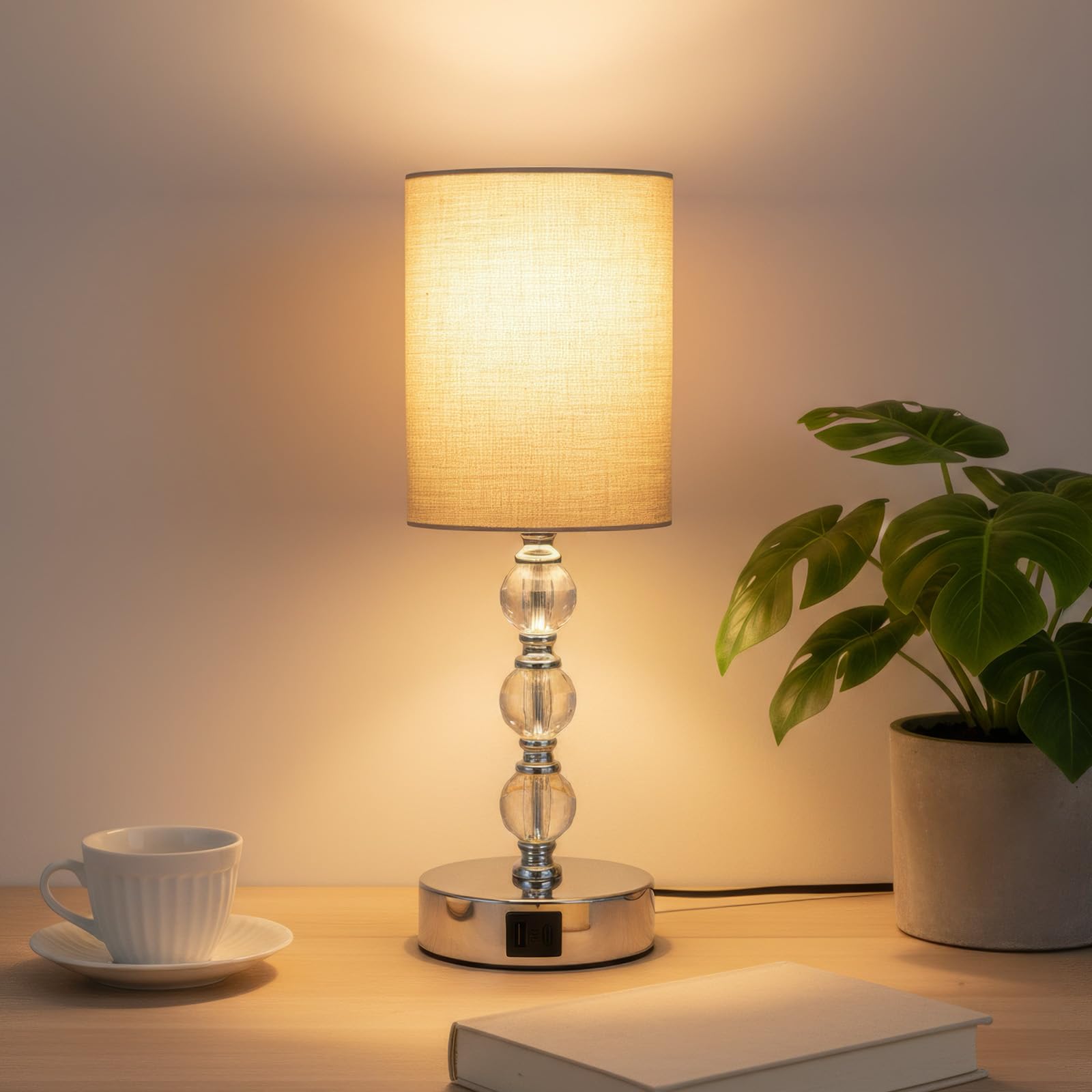 EVERGOODS Touch Table Lamp, Crystal Bedside Lamp with 3-Way Dimmable Touch Control, USB-C & USB-A Charging Ports, White Fabric Shade Bedside Light for Bedroom, Living Room, Dorm (Gray)