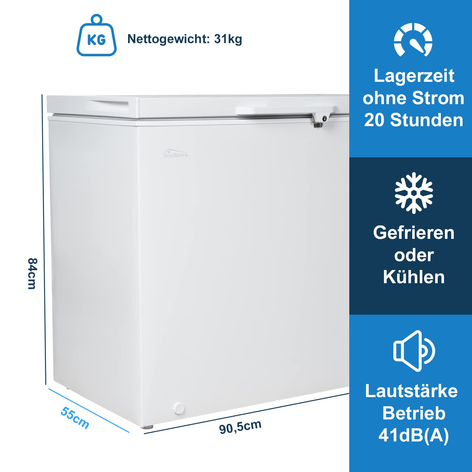 Tronitechnik BORGAR PRO Gefriertruhe Kühltruhe 210 Liter 223kWh/Jahr 85cm hoch LED-Licht Rollen Kindersicherung Weiß