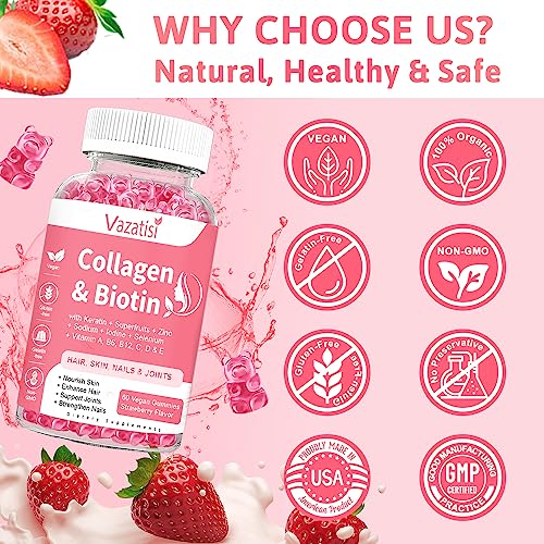 2 Pack Collagen Gummies with Biotin & Keratin for Hair Skin Nails & Joints, Anti Aging - Women & Men Kids, Adults - 60 Vegan Strawberry Flavored Gummies Supplement - Image 4