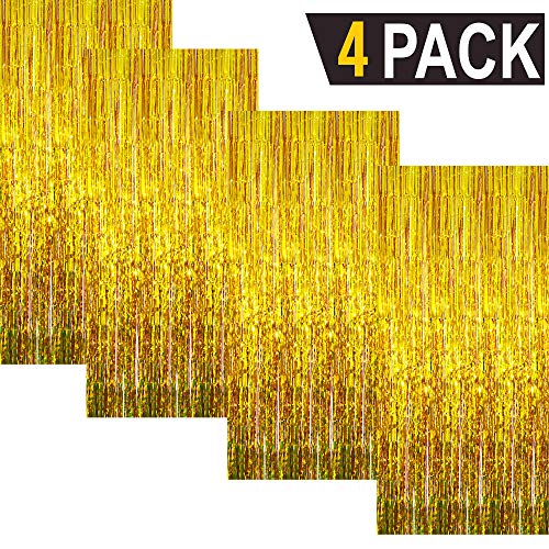 Image of GOER 3.2 ft x 9.8 ft Metallic Tinsel Foil Fringe Curtains for Party Photo Backdrop Decor (4 Packs,Gold)