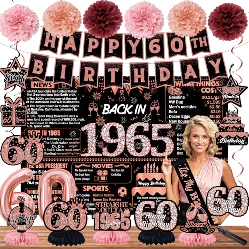 22pcs-60th birthday decorations, 1965 Banner Party Supplies, 60th Birthday Decorations for Women, Rose Gold 60 Year Old Birthday Backdrop,Vintage 60Birthday Honeycomb+Hanging Swirl+Paper Poms+Pump