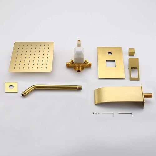 Miniatura 8 de sumerain Juego de grifo de ducha y bañera de montaje en pared, dorado cepillado con cabezal de ducha de 8 pulgadas, boquilla de bañera en cascada y